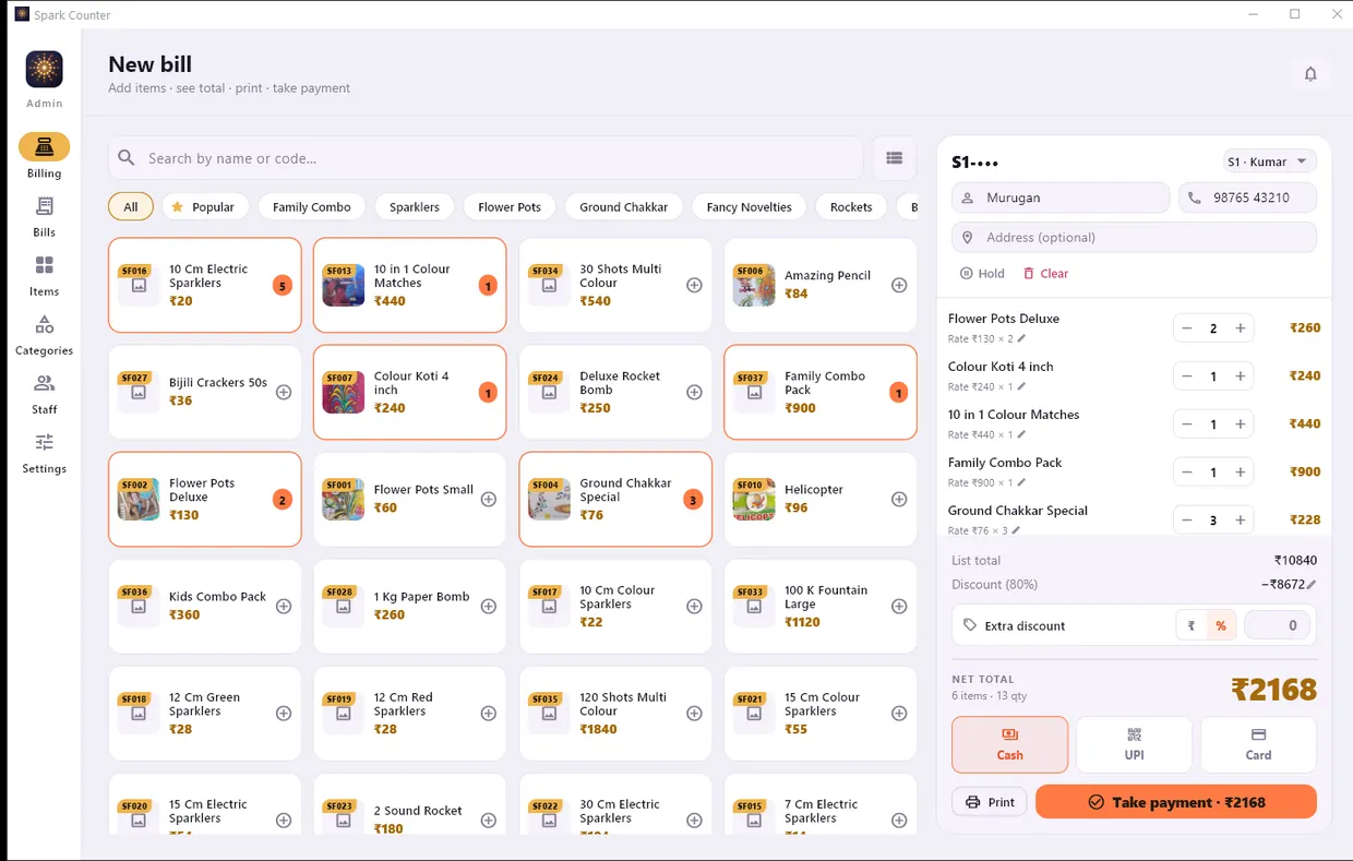 Spark Counter billing screen: item picker on the left with photos and prices, the customer's cart on the right showing list total, 80% discount and a gold net total of 2168 rupees