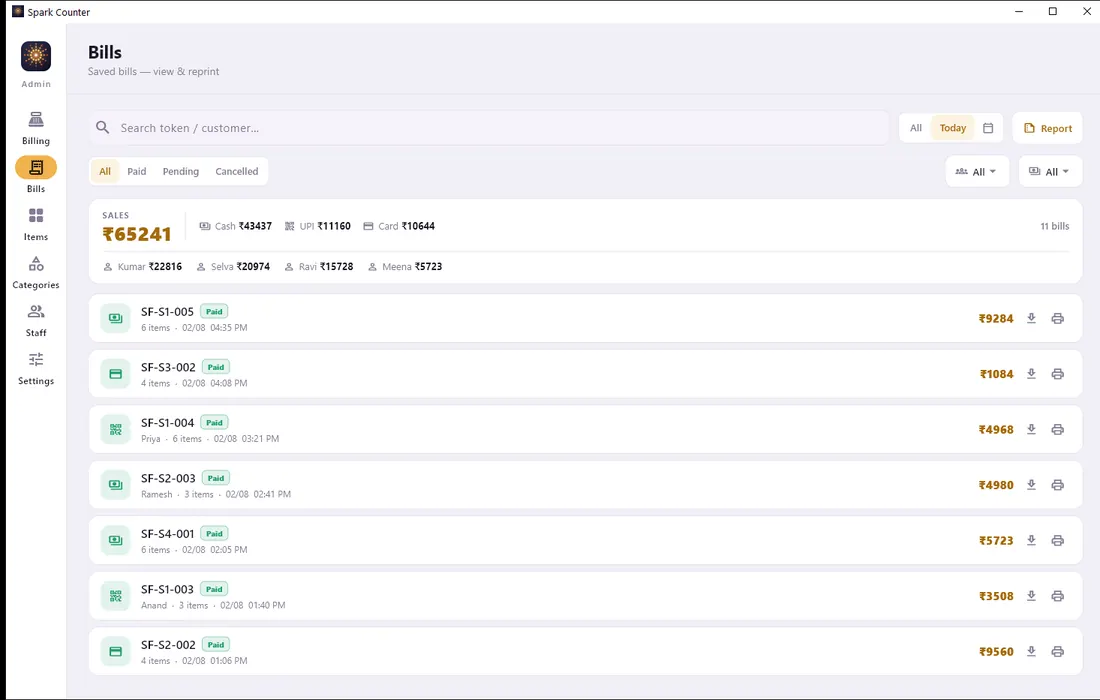 The Bills screen: today's sales total with a Cash, UPI and Card split, a per-salesman breakdown, and every bill listed with a Paid badge