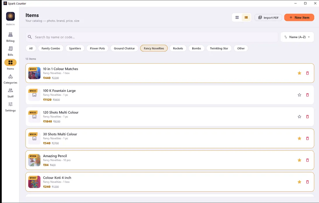 The Items screen: each item with its photo, code, category, net price in gold and the struck-through MRP